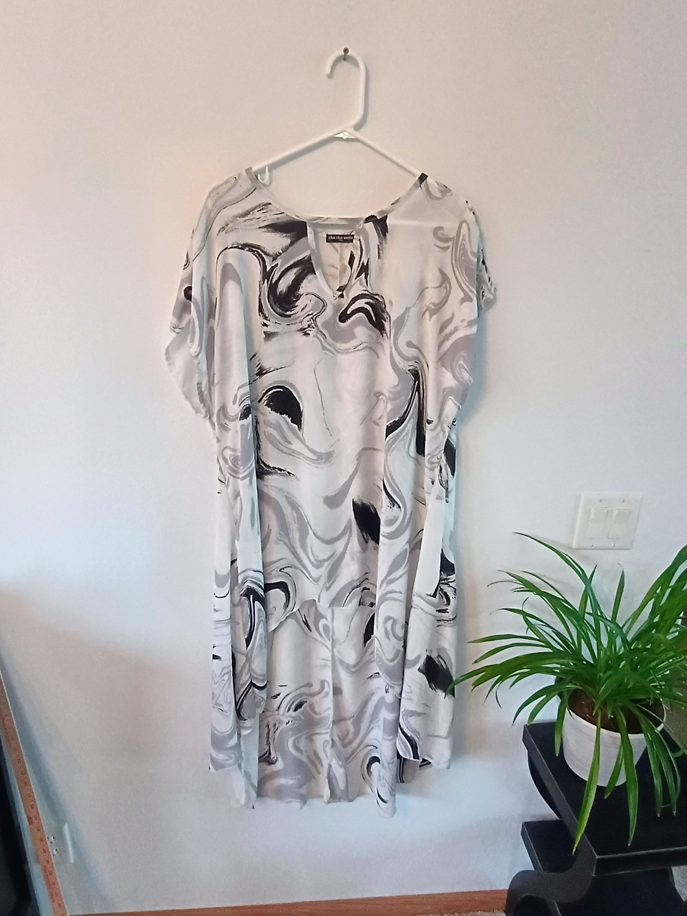 Cha Cha Vente 3X Tunic Top Abstract Marble Asymmetrical Lagenlook Black White